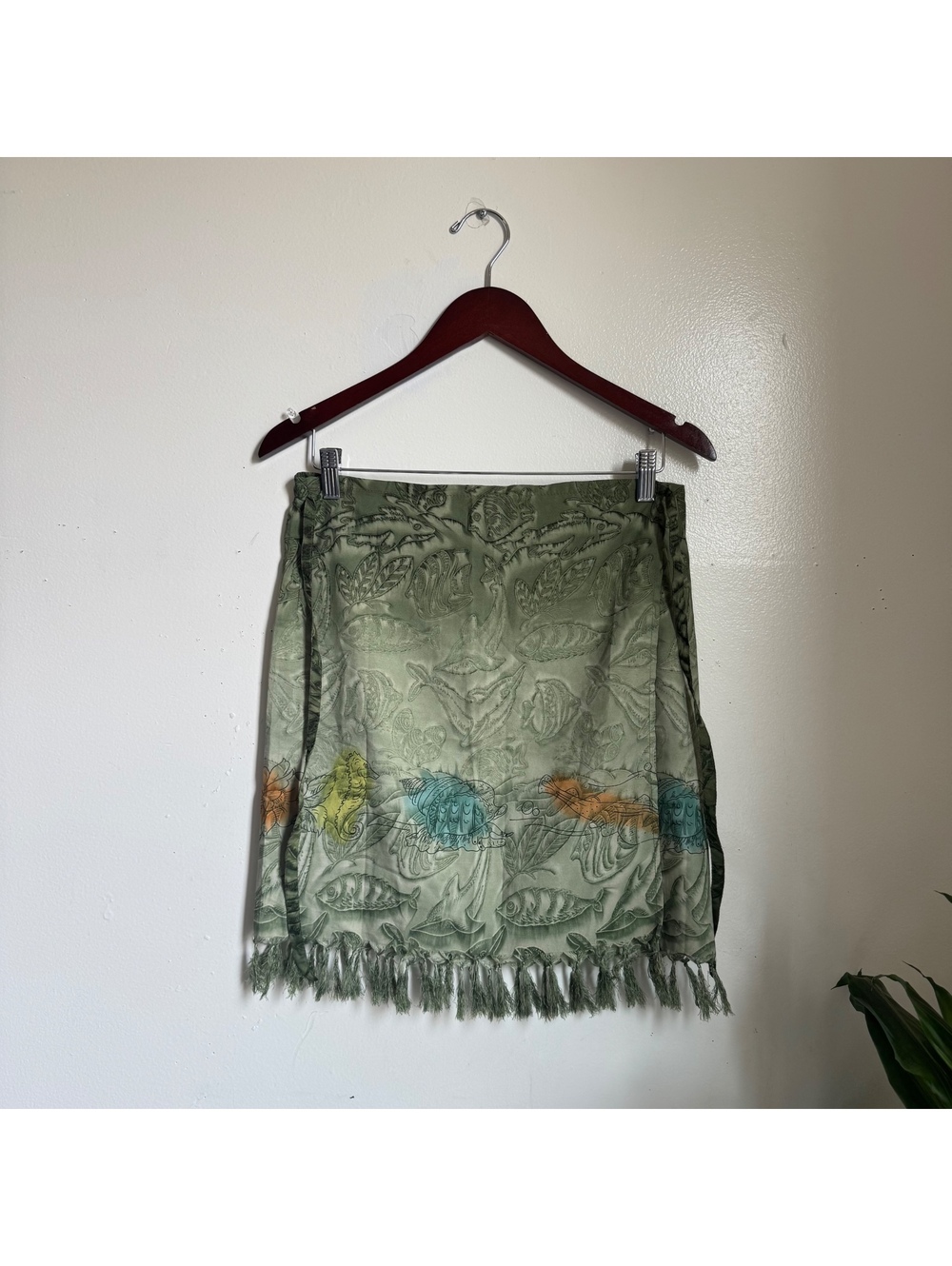 Y2K Aquatic Fish Sarong Wrap Skirt Sage Green Fringe Beach Coverup Large